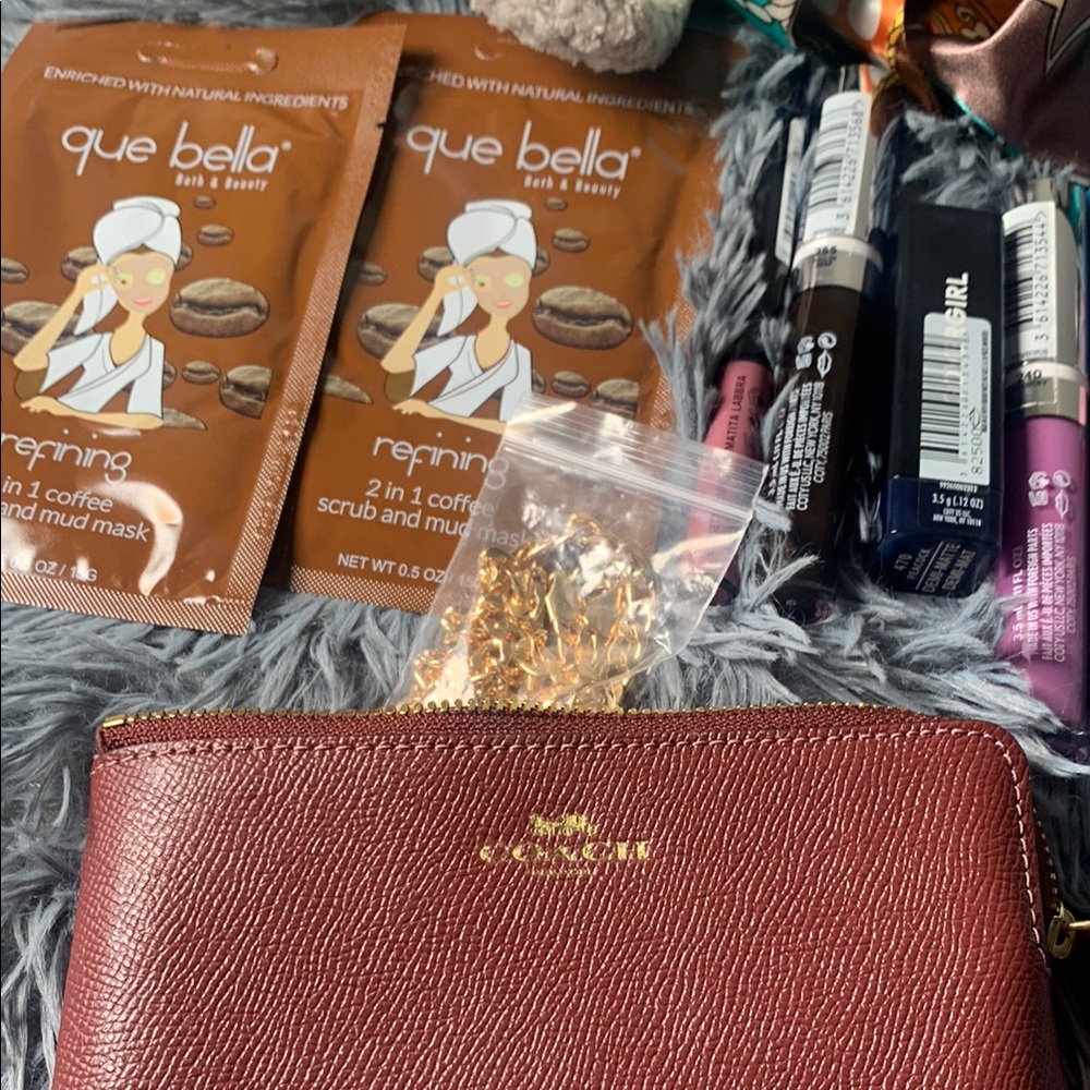 Coach Wristlet Bundle - Covergirl makeup, face masks, twilly, coin purse, Chain